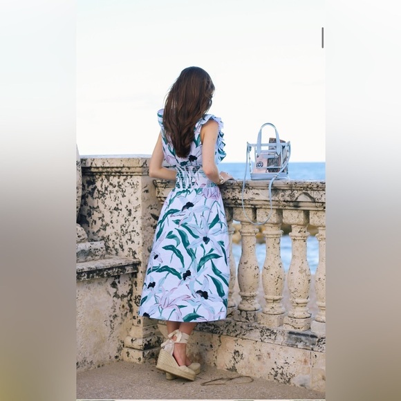 Tory Burch Floral Smoked Printed Dress Ivory Desert Sz M - Picture 3 of 7